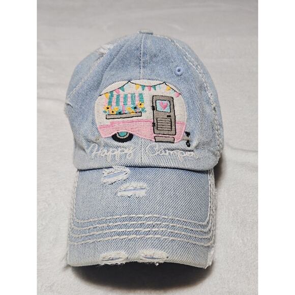 Vintage Accessories - Kbethos Vintage Happy Camper Baseball Cap Hat Denim Distressed Embroidered EUC w